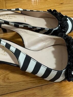 kate spade Black and White Striped Floral Slingback Heels